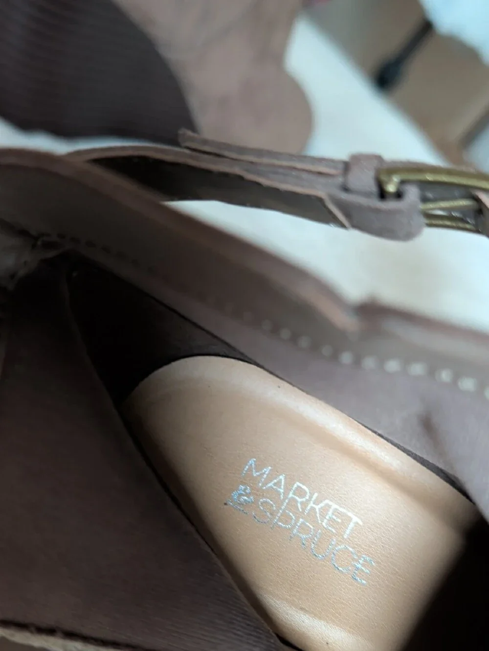Market & Spruce Taupe Suede Wedge Ankle Booties with Buckle Detail
